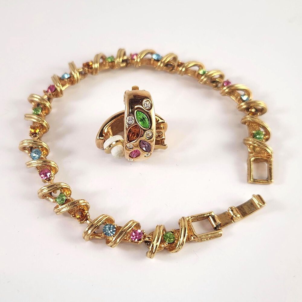 Yechang Tennis Bracelet + Louis Stern Clip On Earrings Set Crystal VTG Jewelry